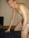 Stretching out  Jockey sport underwear with grey wasteband.