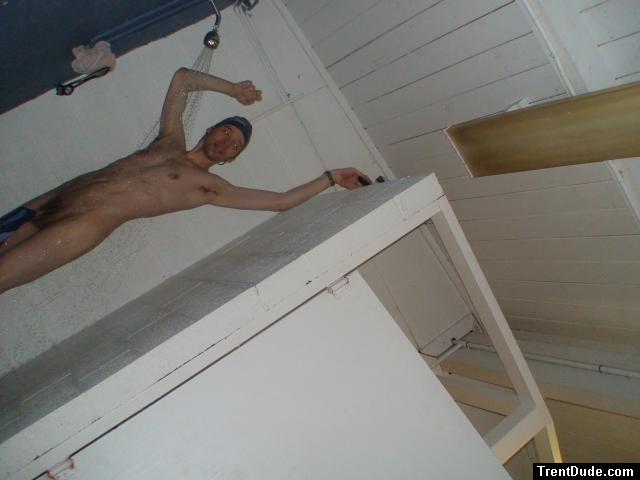 Hanging a swim brief in a convenient place during the shower
