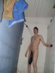 Hanging a swim brief in the shower
