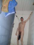 Hanging a swim brief in the shower