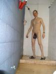 Wash cloth hanging from his penis