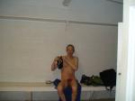 Getting into a swim brief before playing water polo