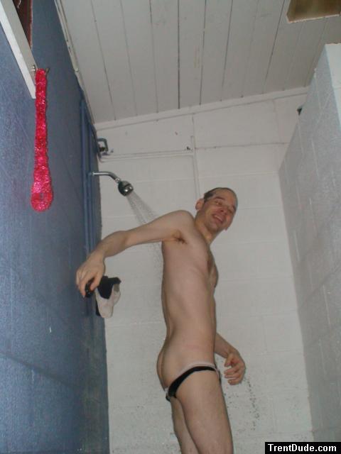 Removing black/white swim brief in the shower