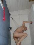 Removing black/white swim brief in the shower (hairy scrotum)