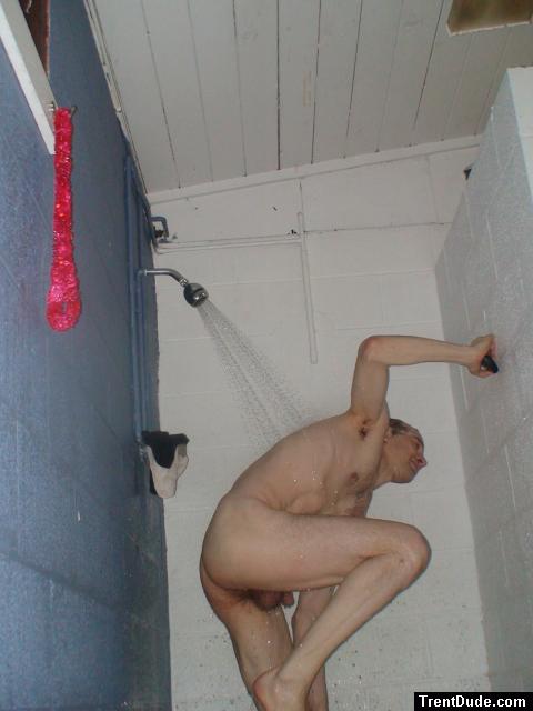 Removing black/white swim brief in the shower (hairy scrotum)