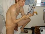 Using long penis as a scrubbing brush.  Finally his penis has a use.