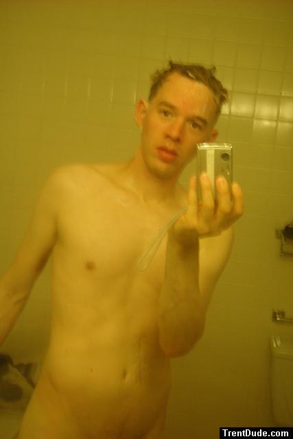 Nude in a hotel bathroom mirror, after shower