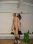 Nude in the locker room, green underwear, chest hair