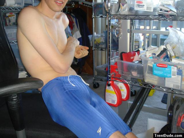 hidden  - Blue long Lycra swimming trunks