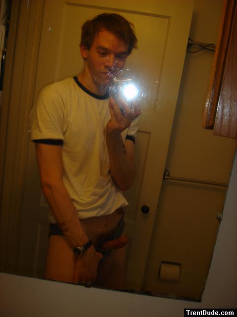 flashing an erect penis in mirror - smile!