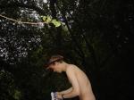 putting on his hiking underwear