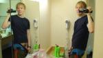 Pulling out flaccid penis in a hotel mirror (weaing Addidas Sweat Pants, Sponge bob boxers)