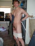 Underwear at his knees