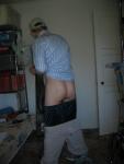 He thinks he had too much for dinner tonight (rear)