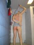 Blushing bottom in the shower, scrotum