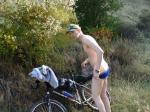 The bicycle serves as a clothes hanger