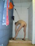 Careful not to slip picking the soap off the shower floor (hanging scrotum)