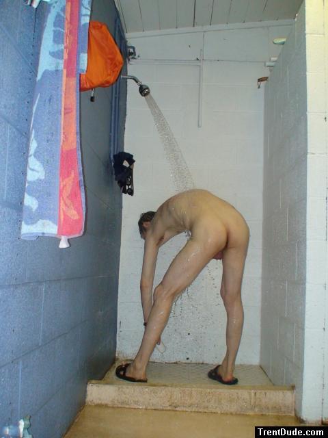 Careful not to slip picking the soap off the shower floor (hanging scrotum)