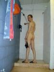 Washing the chlorine off his legs