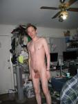 Standing nude, hanging scrotum (best)