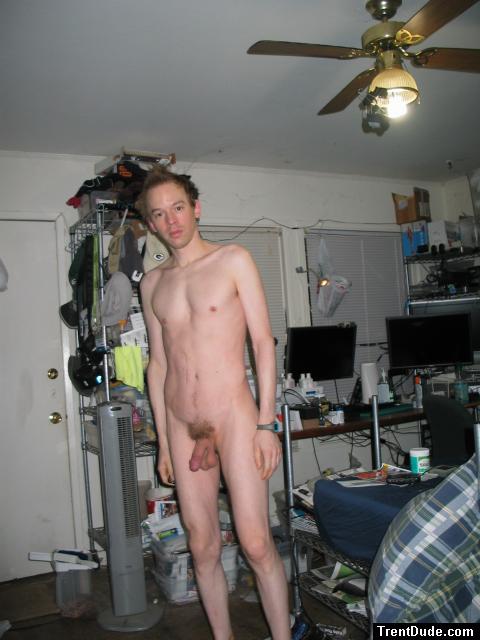 Standing nude, hanging scrotum (best)